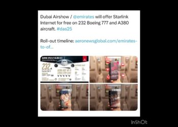 Dubai Airshow / @emirates will supply Starlink Web at no cost on 232 Boeing 777 and A380 plane.