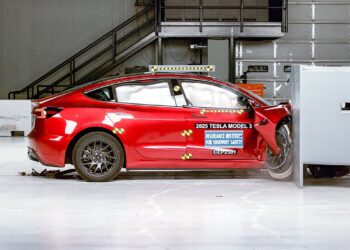 2025 Tesla Mannequin 3 passenger-side small overlap IIHS crash take a look at