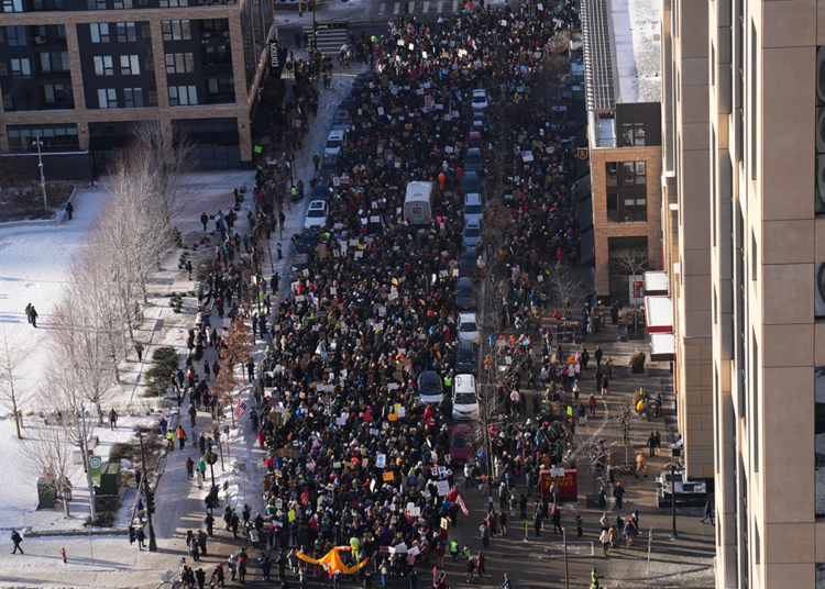 Anti-ICE agitators march to, rally at Goal Heart in downtown Minneapolis
