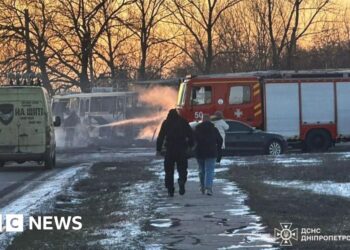 Twelve killed by Russian strike close to bus in Ukraine, official says – BBC
